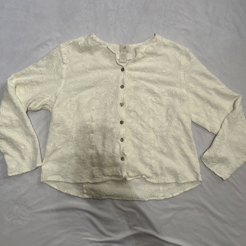 J Jill Rayon Cream Button Front Top W Embroidery L Large